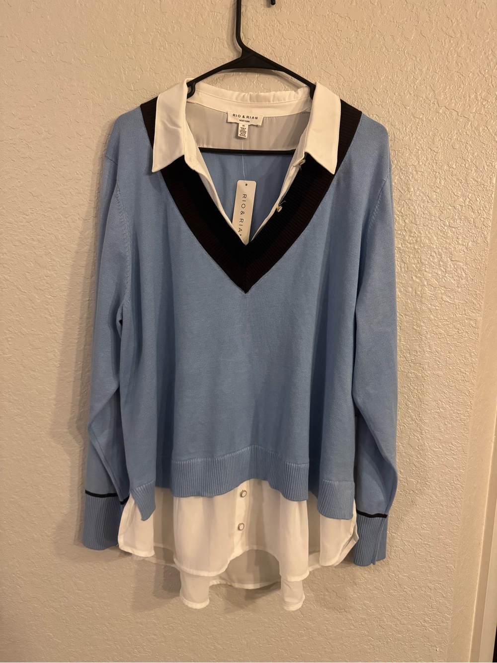 Light Blue V-Neck Sweater with White Shirt Detail